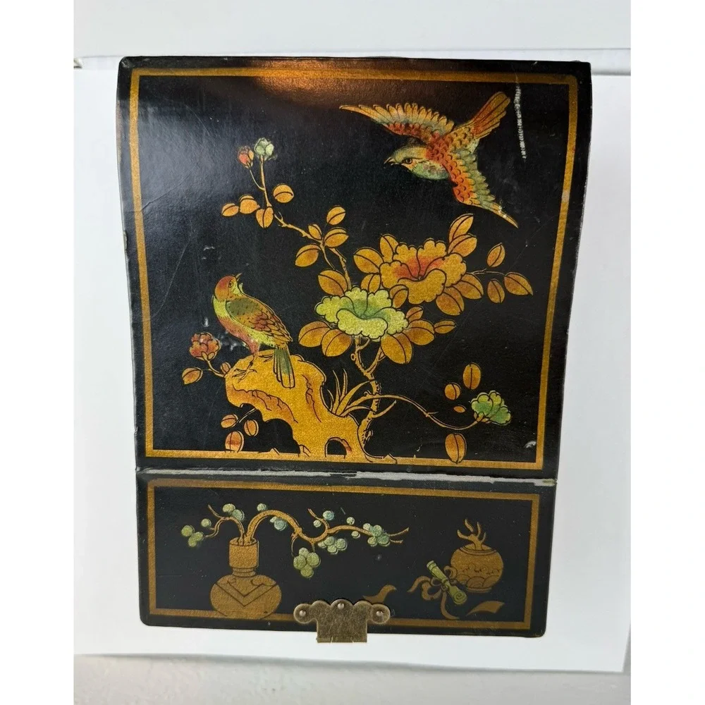 Antique Chinese Wood Lacquered Makeup Oval Vanity Fold Up Mirror Jewelry Box